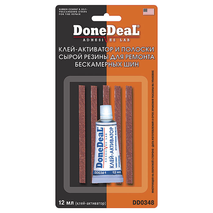 DoneDeal DD0348 Клей - активатор и полоски сырой резины для ремонта бескамерных шин 12мл
